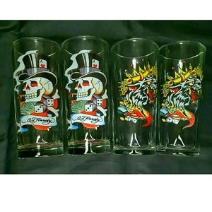 4 Ed Hardy Skull Lion Hi Ball Drinking Glasses Barware Collectible Y2K Vintage